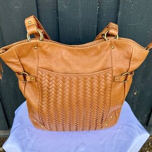 Audrey Brooke Large Genuine Tan Leather Zip Top Tote Bag